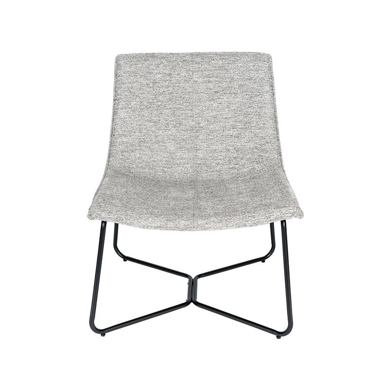 Grijze vrijetijdsstoel met zwart ijzeren frame, grijs en zwart gestoffeerde stof decoratieve stoel